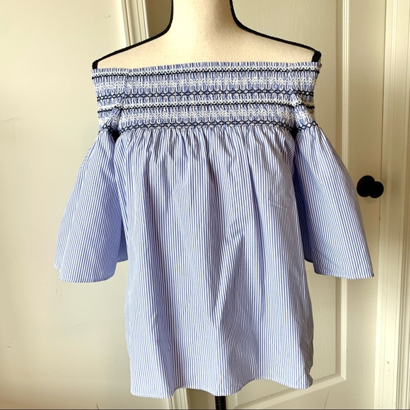 PARKER Smocked Pinstripe Off The Shoulder Top—SZ S - Picture 2 of 13